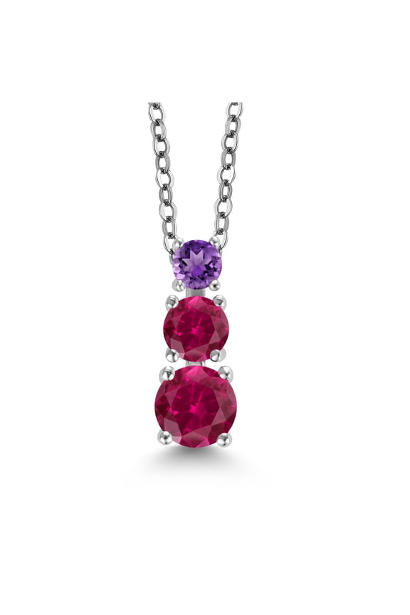 Red Created Ruby and Purple Amethyst 3 Stone Pendant Necklace for Women (0.95 Cttw, Gemstone Birthstone, Round 5Mm, 4Mm and 3Mm, With 18 inch Chain)