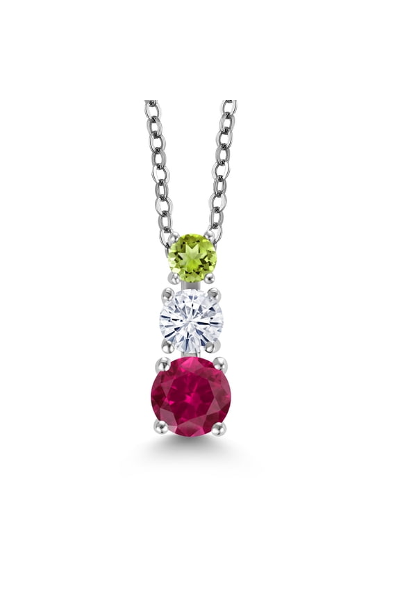 Red Created Ruby White Moissanite Green Peridot 3 Stone Pendant Necklace for Women (0.95 cttw, Gemstone Birthstone, Round 5MM, 4MM and 3MM, with 18 inch Chain)
