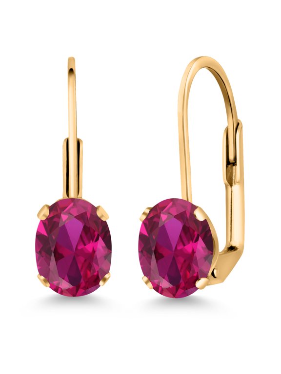 Red Created Ruby Yellow Gold Plated Leverback Earrings for Women (1.70 Cttw, Gemstone Birthstone, Oval 7X5MM)