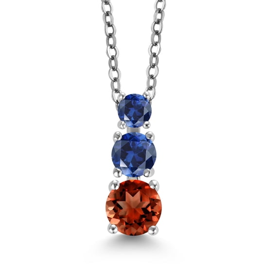Gem Stone King Red Garnet and Blue Created Sapphire 3 Stone Pendant Necklace for Women (1.39 cttw, Gemstone Birthstone, Round 5MM, 4MM and 3MM, with 18 inch Chain)
