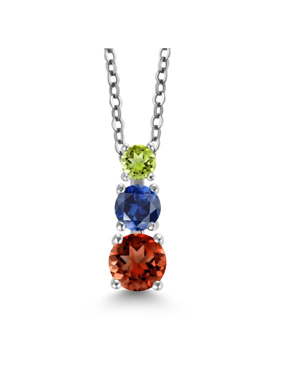 Red Garnet Blue Created Sapphire Green Peridot 3 Stone Pendant Necklace for Women (1.37 cttw, Gemstone Birthstone, Round 5MM, 4MM and 3MM, with 18 inch Chain)