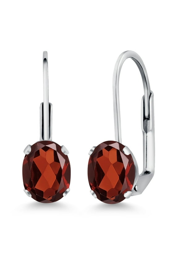 Red Garnet Rhodium Plated Leverback Earrings for Women (1.74 Cttw, Gemstone January Birthstone, Oval 7X5MM)