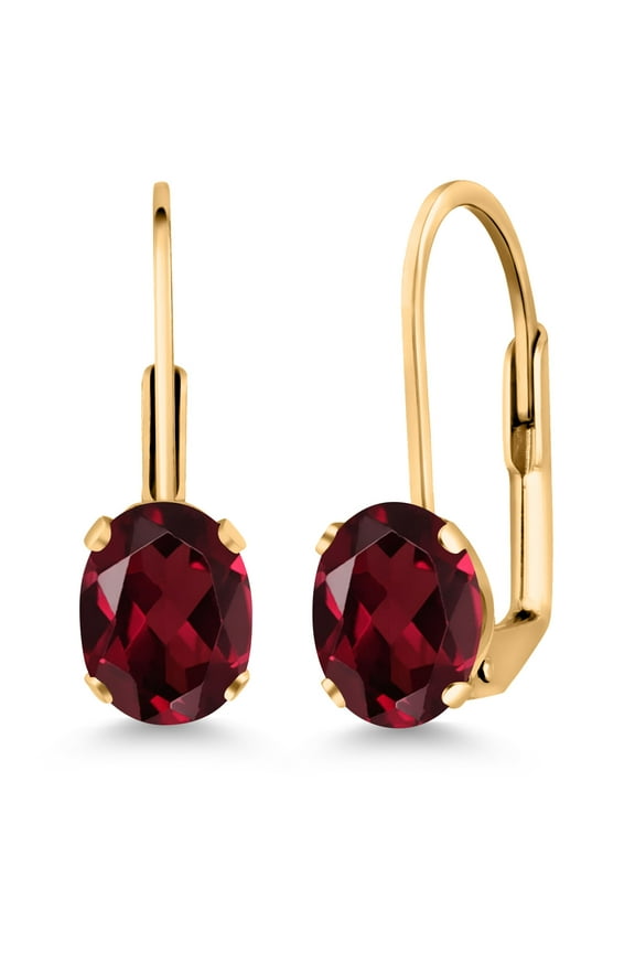Red Rhodolite Garnet Yellow Gold Plated Leverback Earrings for Women (1.80 Cttw, Gemstone January Birthstone, Oval 7X5MM)