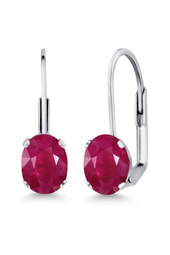 Red Ruby Rhodium Plated Leverback Earrings for Women (2.00 Cttw, Gemstone July Birthstone, Oval 7X5MM)