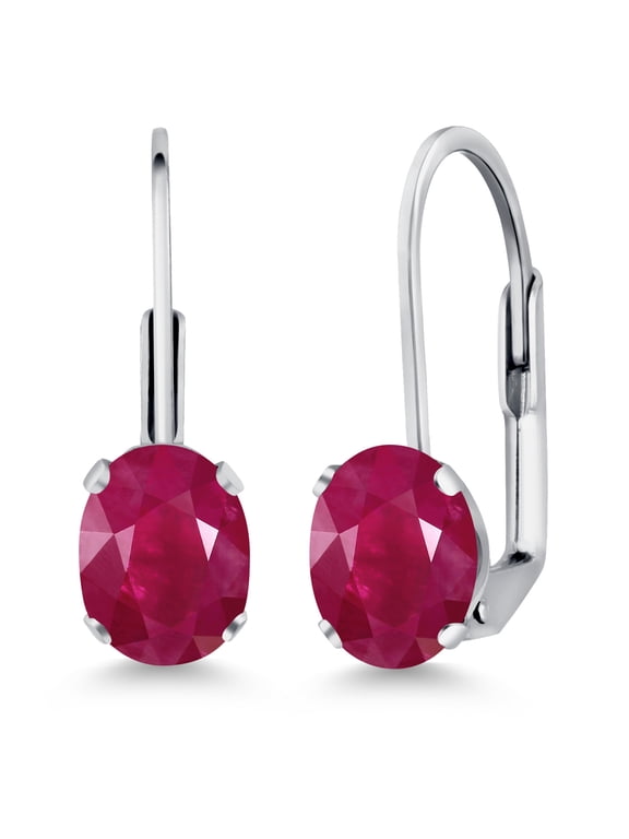 Red Ruby Rhodium Plated Leverback Earrings for Women (2.00 Cttw, Gemstone July Birthstone, Oval 7X5MM)