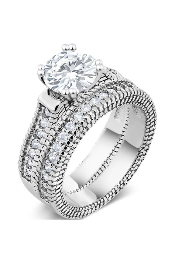 Rhodium Plated Brass White CZ Engagement Wedding Ring Set