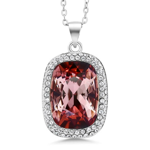 Gem Stone King Rhodium Plated Pink Octagon Shape Pendant Necklace for Women with 18 inch Chain Made with Crystals