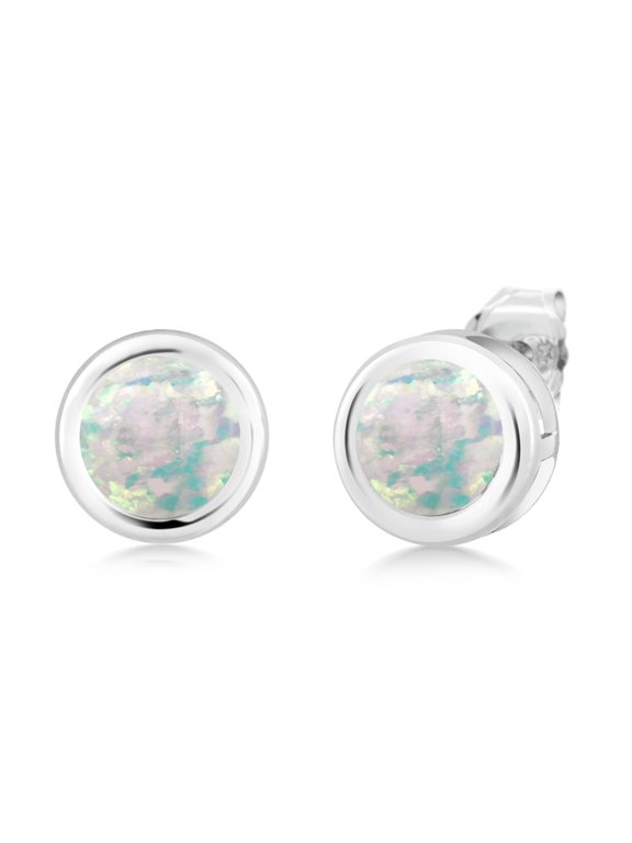 Round 6mm White Simulated Opal (-0.70 Ct) 925 Silver Bezel Setting Stud Earrings for Women Men