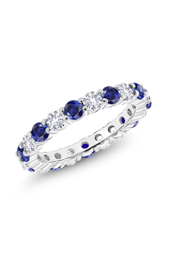 1.40 Cttw Round Blue Created Sapphire Eternity Band Ring for Women | 925 Sterling Silver | Gemstone Birthstone | Round 3MM (Size 8)