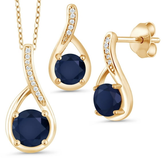 Gem Stone King Round Blue Sapphire 2.34 Ct 18K Yellow Gold Plated Silver Diamond Pendant and Earrings Jewelry Set