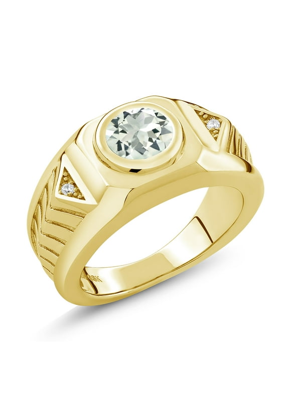 Round Green Prasiolite 18K Yellow Gold Plated Silver Men's Ring 1.73 Ct