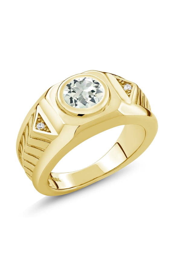 Round Green Prasiolite 18K Yellow Gold Plated Silver Men's Ring 1.73 Ct