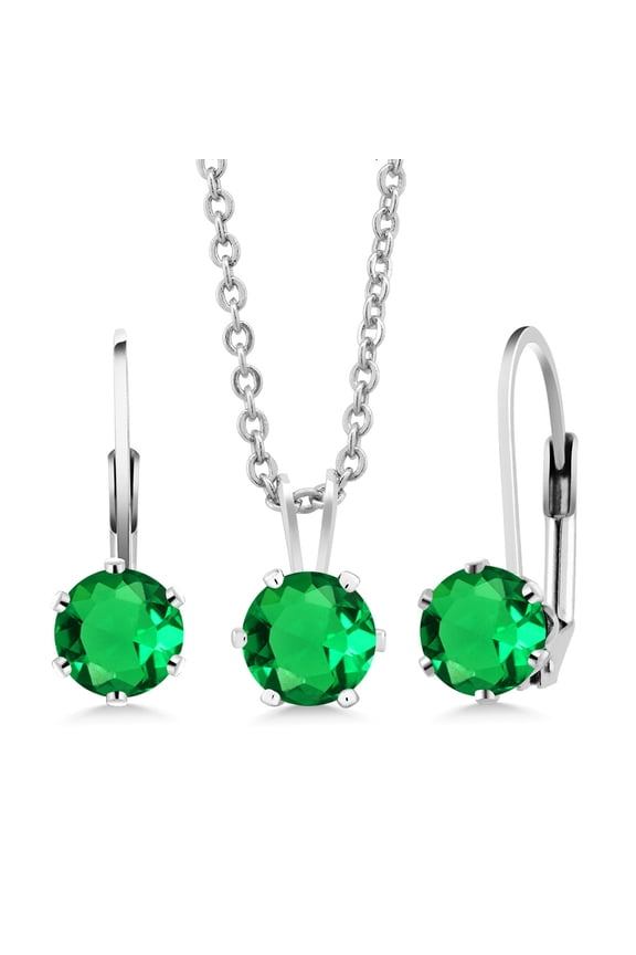 Round Green Simulated Emerald Rhodium Plated Pendant and Earrings Jewelry Set With Chain