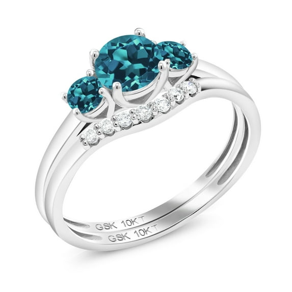 Gem Stone King Round London Blue Topaz 0.83 Ct 10K White Gold Lab Grown Diamond Bridal Ring Set (Size 8)