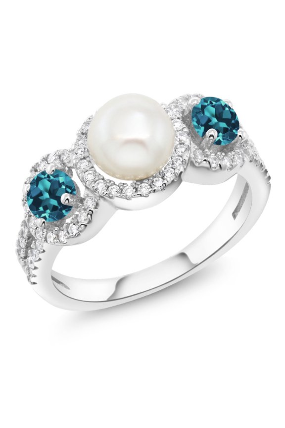Round London Blue Topaz and Cultured Freshwater Pearl Ring for Women | 925 Sterling Silver | Gemstone Birthstone | 1.40 Cttw | Size 8