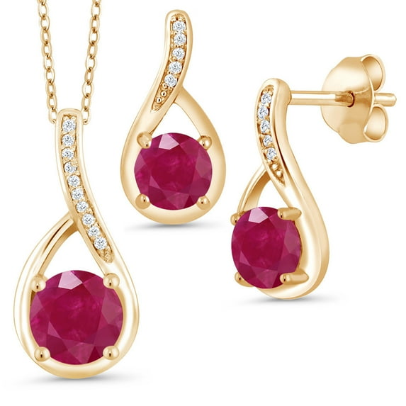 Gem Stone King Round Red Ruby 2.24 Ct in 18K Yellow Gold Plated Silver Diamond Pendant and Earrings Jewelry Set