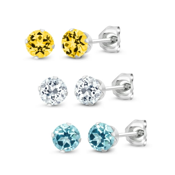 Gem Stone King Set of 3 4mm White Honey Ice Blue Color Topaz 925 Sterling Silver Stud Earrings for Women Men