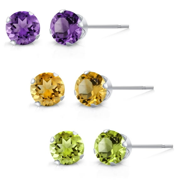 Gem Stone King Set of 3 Round 4MM Amethyst, Citrine and Peridot Stud Earrings for Women Men in 925 Sterling Silver