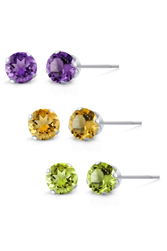 Set of 3 Round 4MM Amethyst, Citrine and Peridot Stud Earrings for Women Men in 925 Sterling Silver