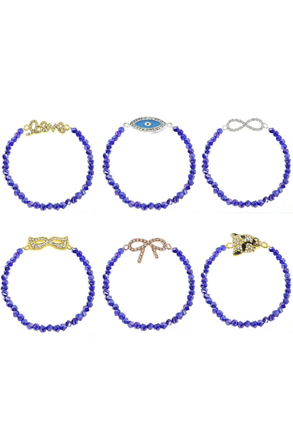 Set of 6 Infinity Crystal Stretch Bracelets Love Mask Ribbon Cougar Evil Eye Charms