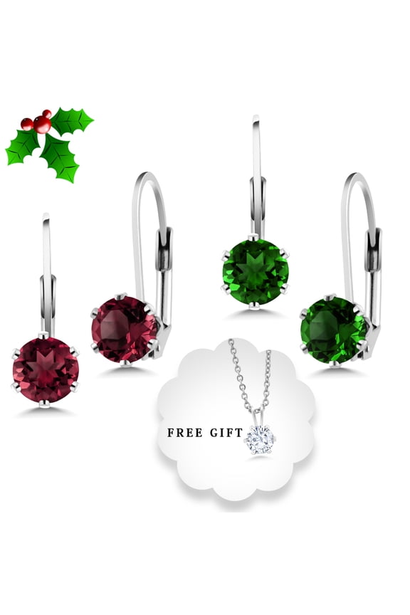 Set of TWO Leverback Earrings Simulated Ruby Simulated Emerald Earrings and Gift
