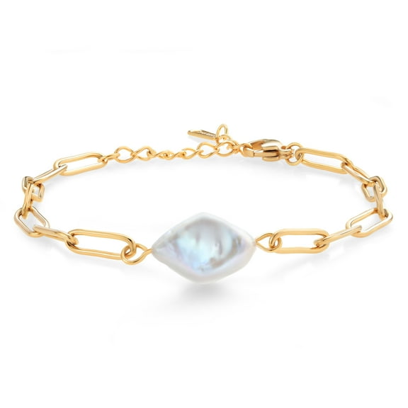 Gem Stone King Shell Pearl Chain Link Paperclip Yellow Gold Plated Stainless Steel Fashion Bracelet for Women