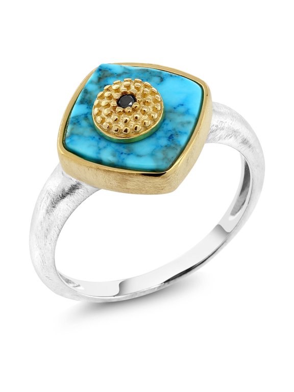 Simulated Turquoise and Black Diamond Ring for Women | 18K Yellow Gold Plated Silver | Available in Size 5, 6, 7, 8, 9