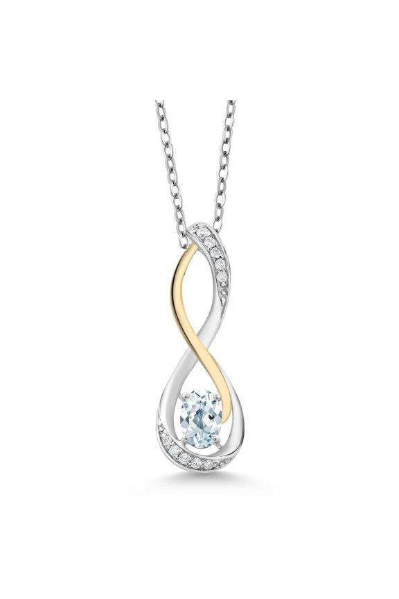 Sky Blue Aquamarine E-F Lab Grown Diamond 0.57 Ct 925 Silver and 10K Yellow Gold Pendant with Chain