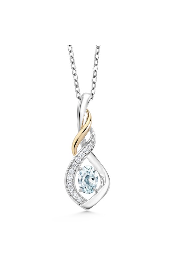 Sky Blue Aquamarine E-F Lab Grown Diamond 0.58 Ct 925 Silver and 10K Yellow Gold Pendant with Chain