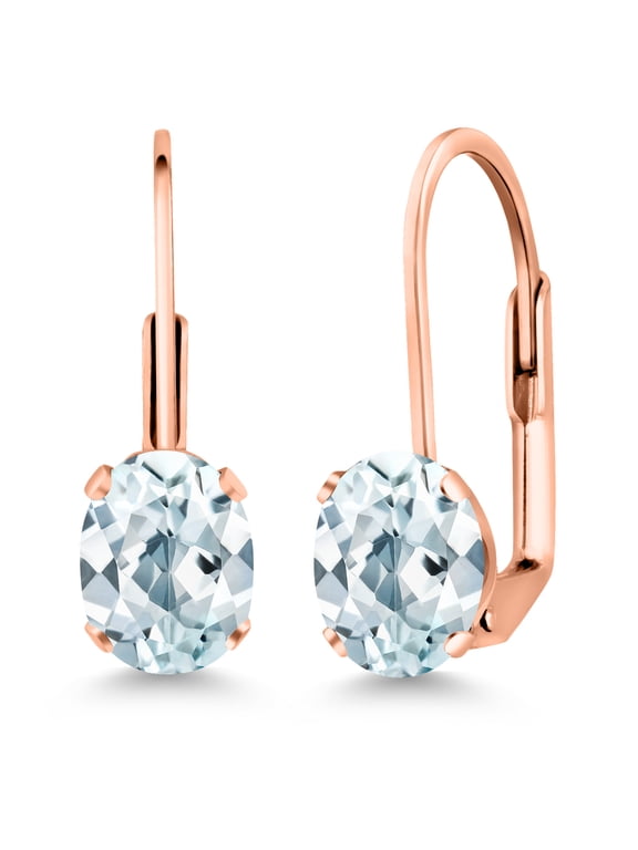 Sky Blue Aquamarine Rose Gold Plated Leverback Earrings for Women (1.50 Cttw, Gemstone March Birthstone, Oval 7X5MM)