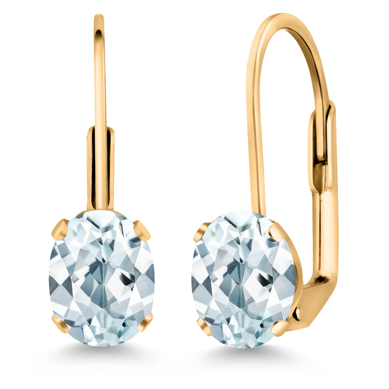 Gem Stone King Sky Blue Aquamarine Yellow Gold Plated Leverback Earrings for Women (1.50 Cttw, Gemstone March Birthstone, Oval 7X5MM)