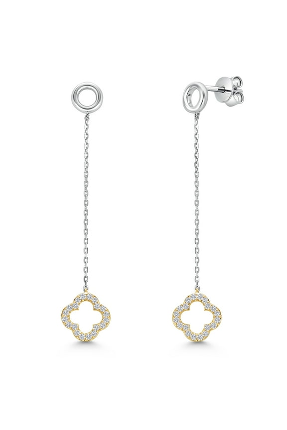 Solid 10K 2-Tone Yellow and White Gold White Lab Grown Diamond Four Leaf Clover Drop Dangle Earrings for Women | 0.20 Cttw | 1 3/4 inch