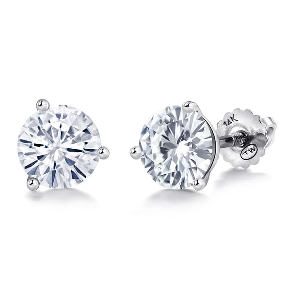 Gem Stone King Solid 14K White Gold Round White Moissanite Martini 3 Prong Secure Screw-Backs Stud Earrings for Women Men (1.50 Cttw, Round 6MM)