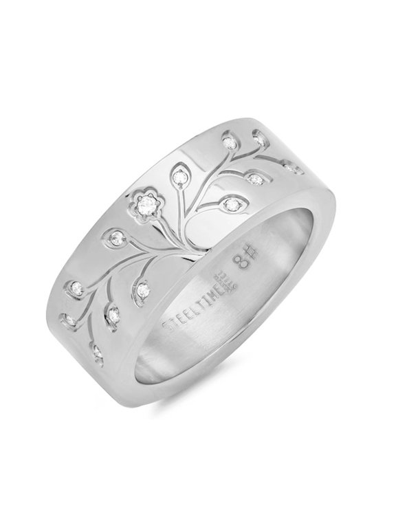 Stainless Steel High Polished Tree of Life Men's Band Ring with CZ 8mm Wide