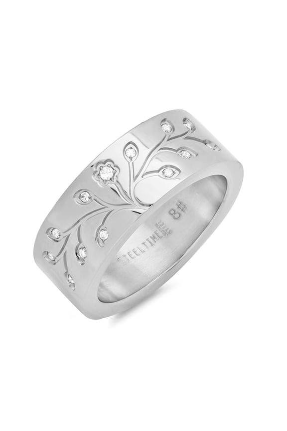 Stainless Steel High Polished Tree of Life Men's Band Ring with CZ 8mm Wide