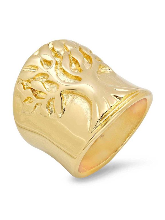 Stainless Steel Yellow Gold Tone Tree of Life Band Ring Wide