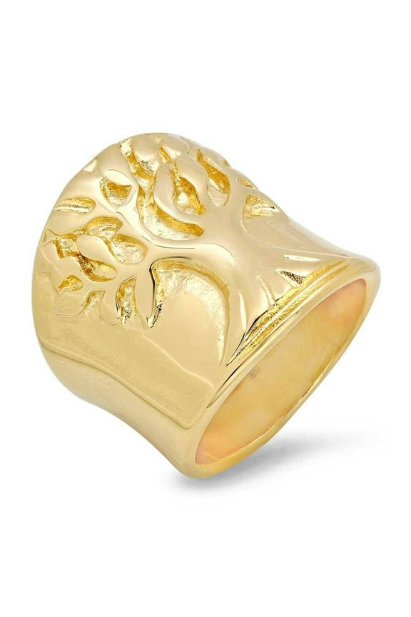 Stainless Steel Yellow Gold Tone Tree of Life Band Ring Wide