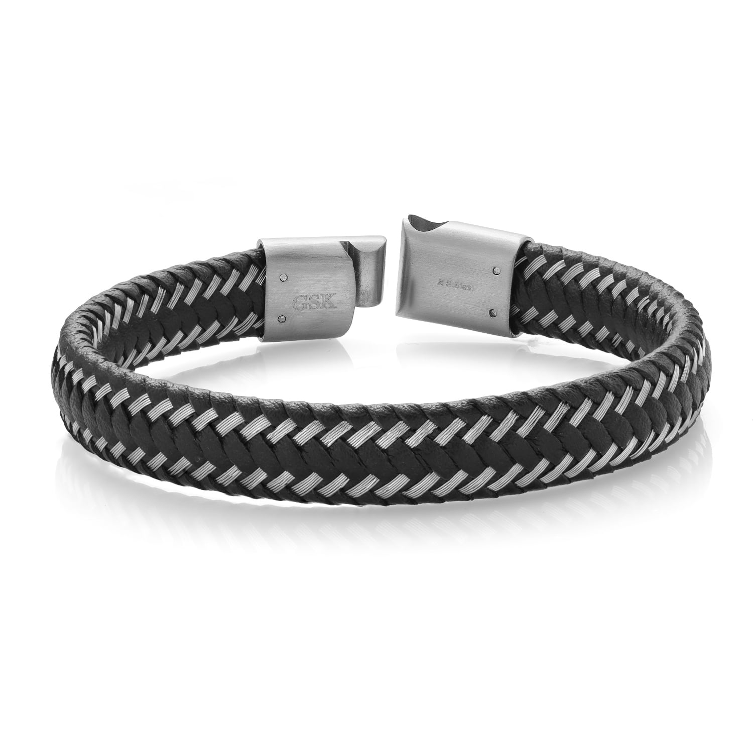 Gem Stone King Stainless Steel and Black Leather Bracelet for Men | 8.5 inch | 11mm Width | Secure Clasp