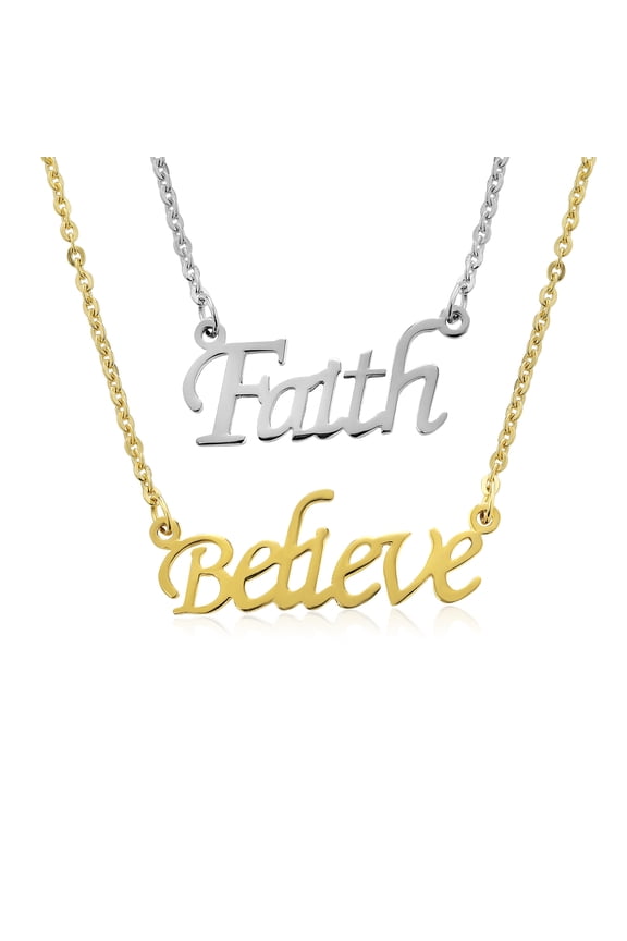 Stainless Steel and Yellow Plated Faith and Believe Double Necklace Set 16 inches Chain