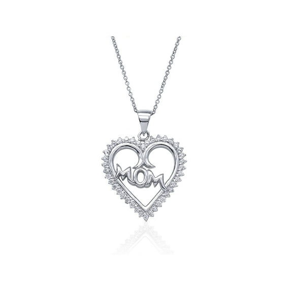 Gem Stone King 925 Sterling Silver Round White Zirconia MOM Heart Shape Pendant with 18 inches Chain