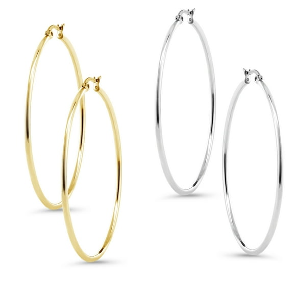 Gem Stone King Stunning Stainless Steel Hoop Set of Two Earrings (50mm Diameter) Two-Pair Set