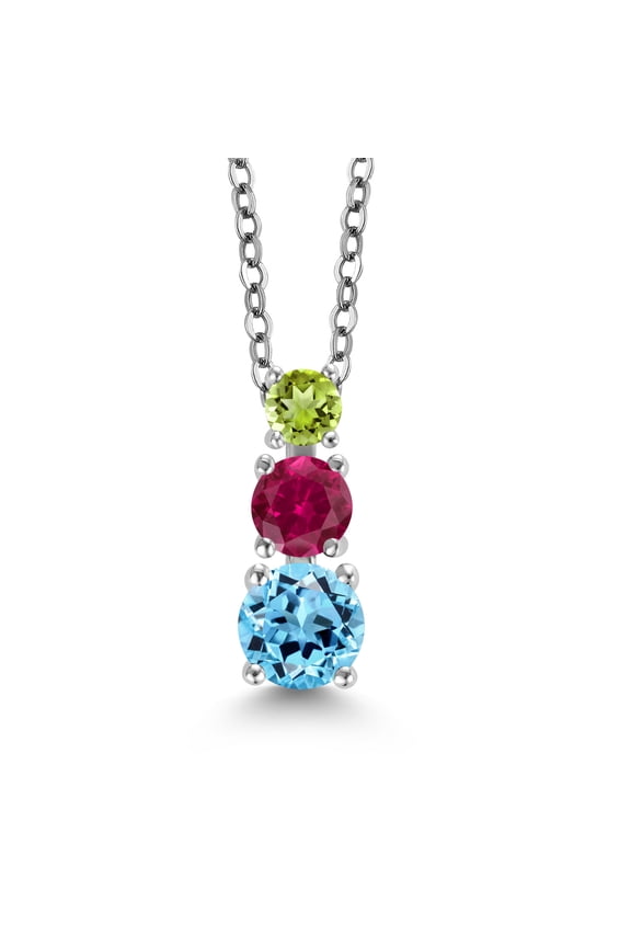 Swiss Blue Topaz Red Created Ruby Green Peridot 3 Stone Pendant Necklace for Women (1.02 cttw, Gemstone Birthstone, Round 5MM, 4MM and 3MM, with 18 inch Chain)