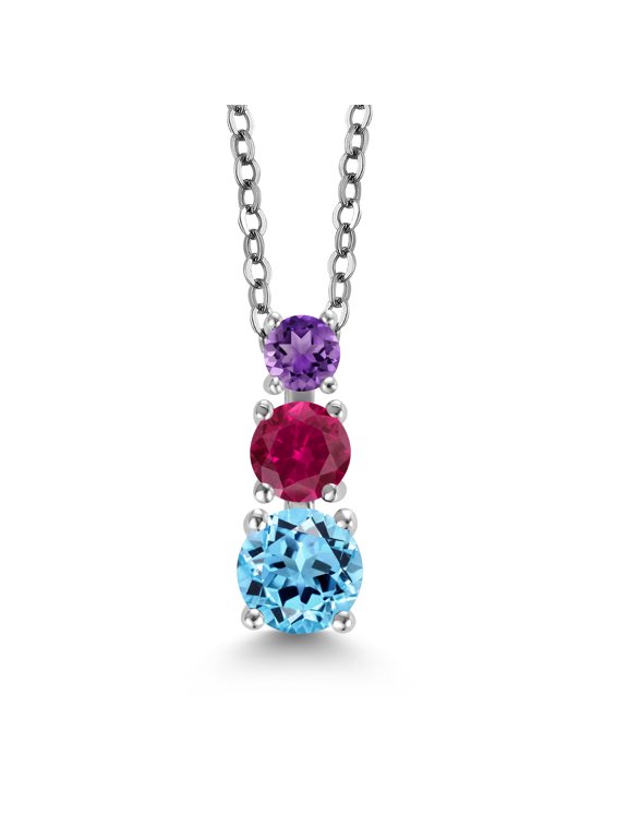 Swiss Blue Topaz Red Created Ruby Purple Amethyst 3 Stone Pendant Necklace for Women (1.00 cttw, Gemstone Birthstone, Round 5MM, 4MM and 3MM, with 18 inch Chain)