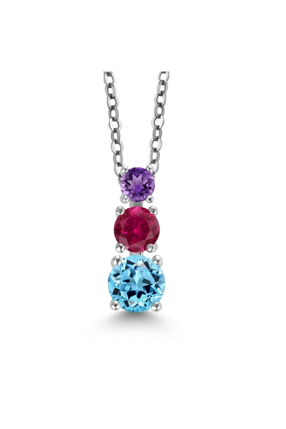 Swiss Blue Topaz Red Created Ruby Purple Amethyst 3 Stone Pendant Necklace for Women (1.00 cttw, Gemstone Birthstone, Round 5MM, 4MM and 3MM, with 18 inch Chain)