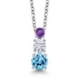 thumbnail image 1 of Gem Stone King Swiss Blue Topaz White Moissanite Purple Amethyst 3 Stone Pendant Necklace for Women (0.98 cttw, Gemstone Birthstone, Round 5MM, 4MM and 3MM, with 18 inch Chain), 1 of 3