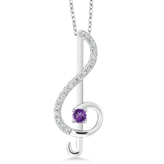 Gem Stone King Treble Clef Music Note Pendant Necklace Set in 925 Sterling Silver for Women By Keren Hanan | Round 3MM Gemstone Birthstone and White Moissanite | with 18 inch Silver Chain
