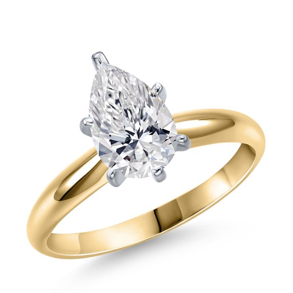 Gem Stone King Two Tone 14K Yellow and White Gold IGI Certified Lab Grown Diamond Solitaire Engagement Ring for Women | 1.00 Ct Pear Shape | D-E Color | VS1-VS2 Clarity | Size 7