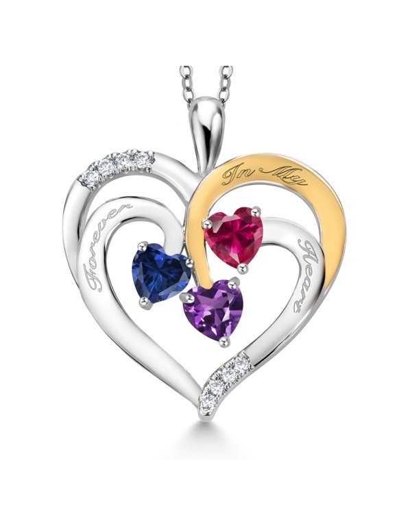 Two Tone Blue Created Sapphire Red Created Ruby Purple Amethyst Created Moissanite `Forever in My Heart` Engraved Pendant Necklace for Women (1.52 cttw, Heart Shape 5MM, 18 inch Chain)