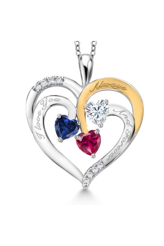 Two Tone Blue Created Sapphire White Moissanite Red Created Ruby `I love you always and forever` Engraved Pendant Necklace for Women (1.52 cttw, Heart Shape 5MM, 18 inch Chain)