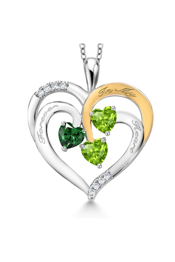 Two Tone Green Nano Emerald and Green Peridot Created Moissanite `Forever in My Heart` Engraved Pendant Necklace for Women (1.50 cttw, Heart Shape 5MM, 18 inch Chain)
